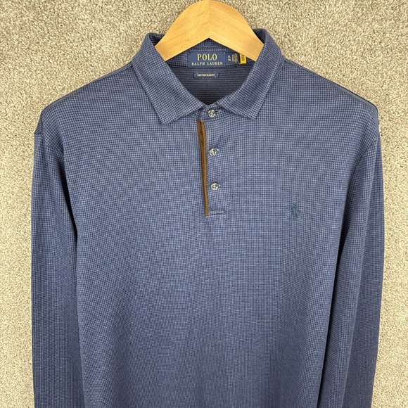 Vintage Polo Ralph‎ Lauren L/S Polo Shirt Men's XL Houndstooth Blue Slim Fit - Picture 1 of 7
